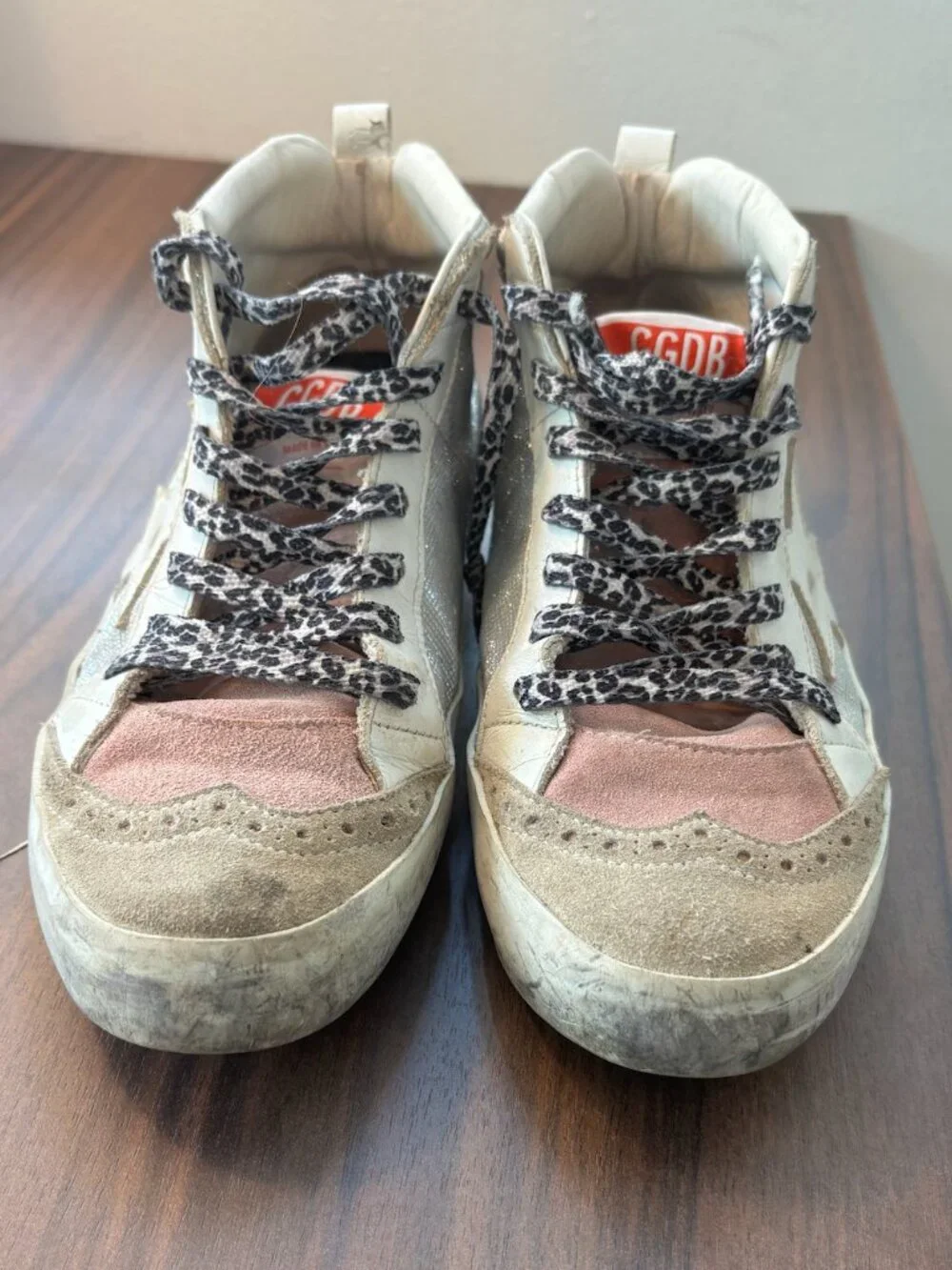 Vintage Golden Goose Womens Pink and Silver Mid Star Sneakers with glitter